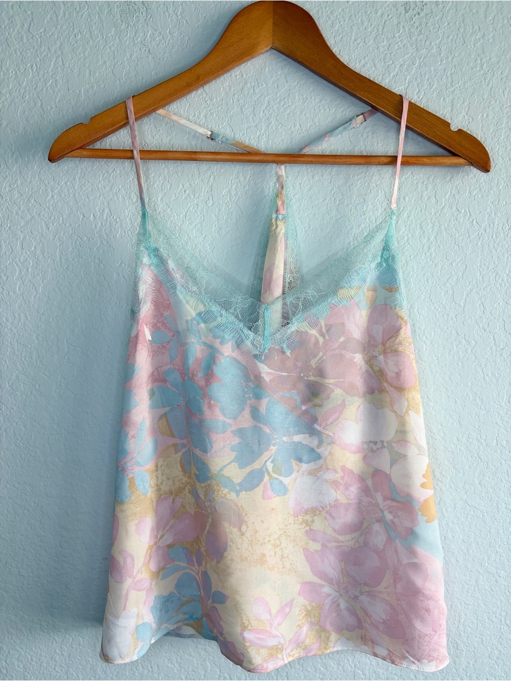Floral Pastel Lace-Trim Cami Tank Top - Pink Blue Cream, Size LG, NWT